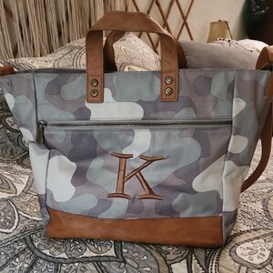 Thirty-One K Monogrammed Camouflage Tote Bag with Tan Trim